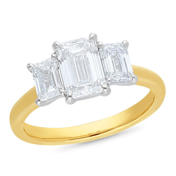 2.5ct Emerald Cut Trilogy Lab Grown Diamond Ring in 18ct Yellow Gold